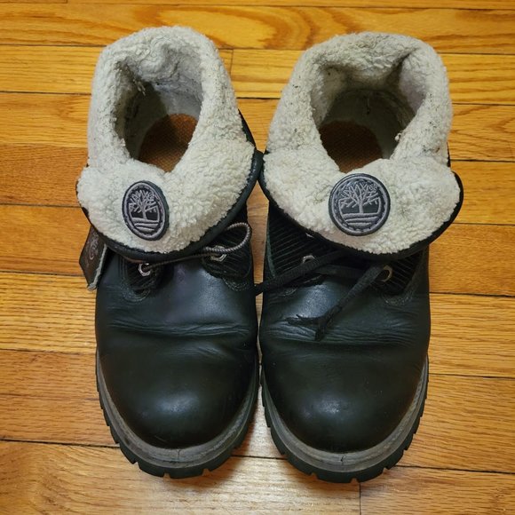 Timberland 8M Black‎ Leather Lace Up Ankle Boots Waterproof Foldover Corduroy - Picture 4 of 11